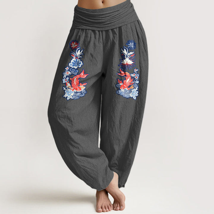 Buddha Stones Damen-Haremshose aus reiner Baumwolle mit auffälligem Koi-Fisch- und Blumenmuster sowie elastischem Bund. - DimGray - US16, UK/AU20, EU48 (3XL) - image 11