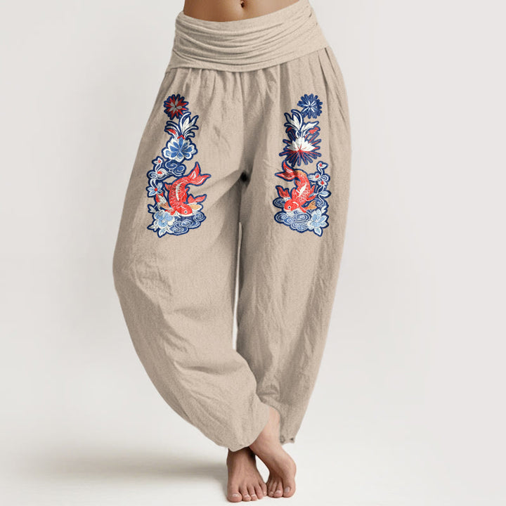 Buddha Stones Damen-Haremshose aus reiner Baumwolle mit auffälligem Koi-Fisch- und Blumenmuster sowie elastischem Bund. - Bräunen - US16, UK/AU20, EU48 (3XL) - image 14