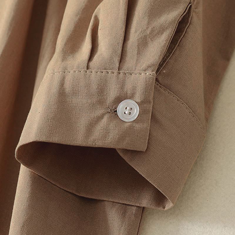 Buddha Stones Herbst Einfarbiges Baumwoll-Midikleid mit Reversknöpfen, langen Ärmeln und Taschen - image 13