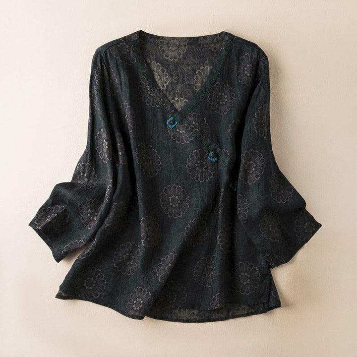 Buddha Stones Frühlings-Langarmshirt mit V-Ausschnitt und floralem Print für Damen - Schwarz - US 8-10, UK/AU 12-14, EU 40-42 (2XL) - image 0