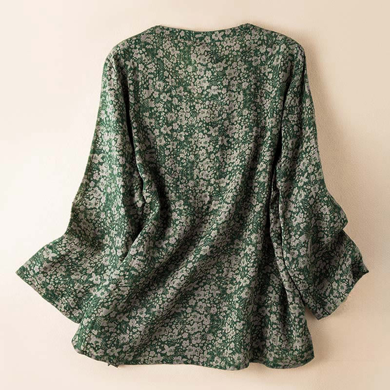 Buddha Stones Frühlings-Langarmshirt mit V-Ausschnitt und floralem Print für Damen - image 8