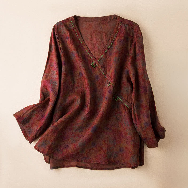 Buddha Stones Frühlings-Langarmshirt mit V-Ausschnitt und floralem Print für Damen - Feuerfestziegel - US 8-10, UK/AU 12-14, EU 40-42 (2XL) - image 19