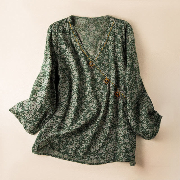 Buddha Stones Frühlings-Langarmshirt mit V-Ausschnitt und floralem Print für Damen - SeaGreen - US 8-10, UK/AU 12-14, EU 40-42 (2XL) - image 7
