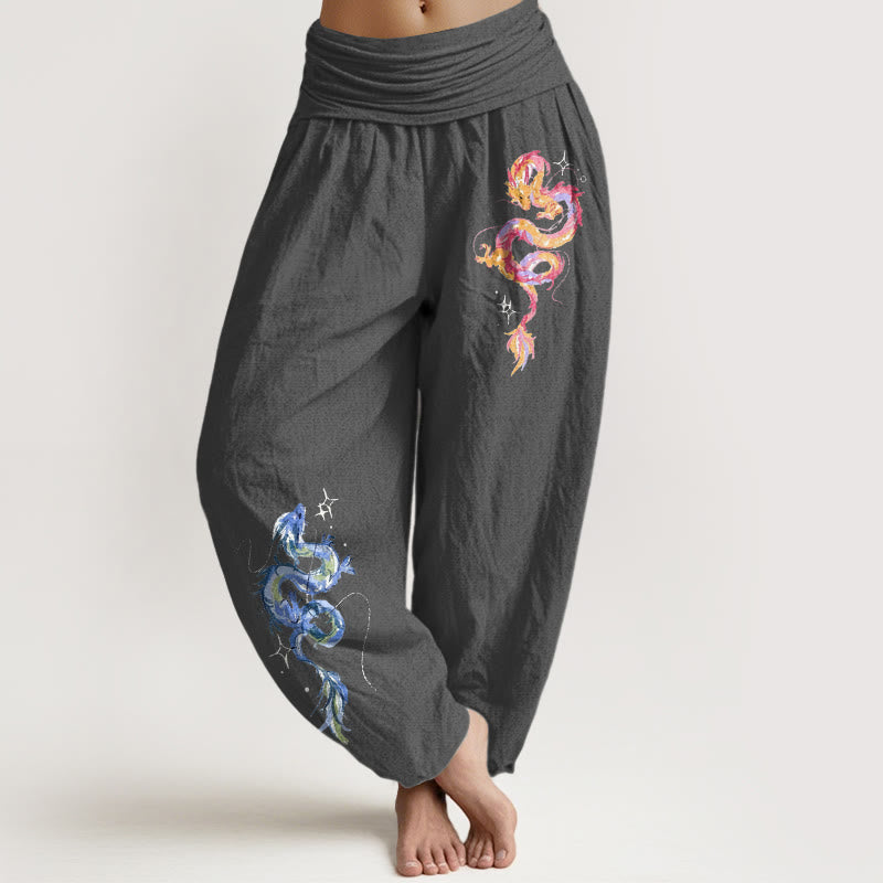 Buddha Stones Damen-Haremshose aus reiner Baumwolle mit auffälligem Drachenmuster und elastischem Bund - DimGray - US16, UK/AU20, EU48 (3XL) - image 8