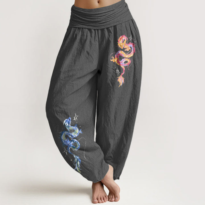 Buddha Stones Damen-Haremshose aus reiner Baumwolle mit auffälligem Drachenmuster und elastischem Bund - DimGray - US16, UK/AU20, EU48 (3XL) - image 8