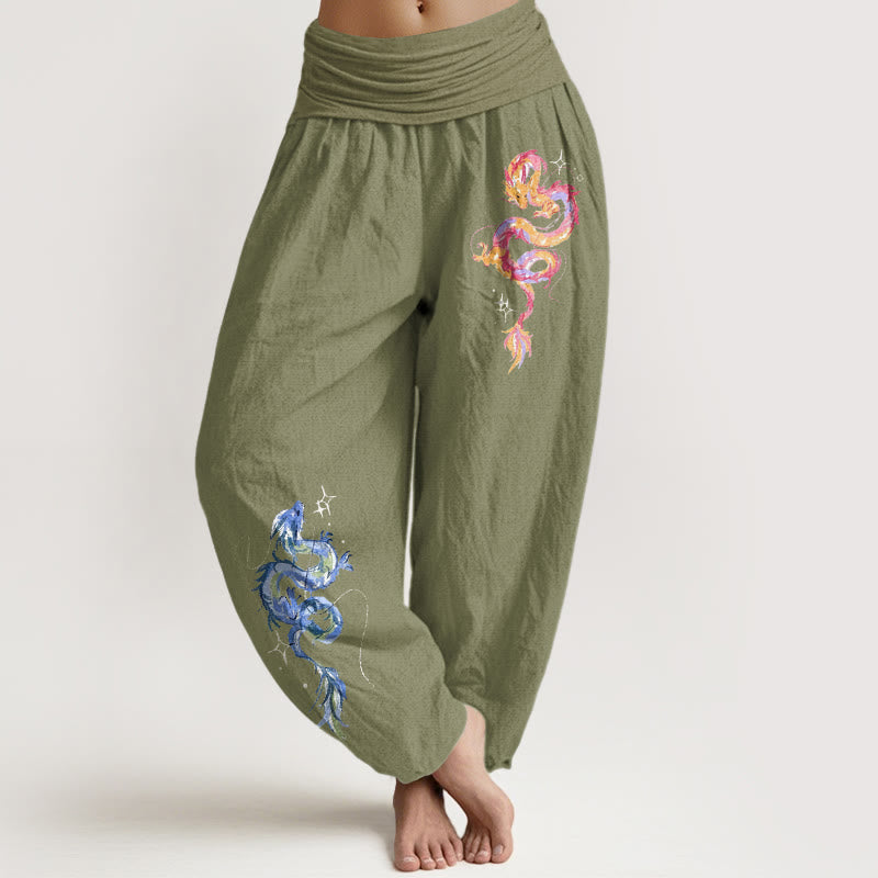 Buddha Stones Damen-Haremshose aus reiner Baumwolle mit auffälligem Drachenmuster und elastischem Bund - Olivgrün - US16, UK/AU20, EU48 (3XL) - image 14