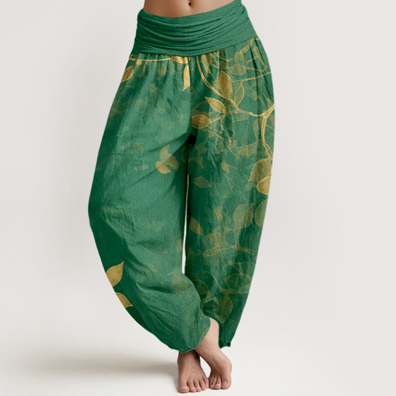 Buddha Stones Haremshose aus reiner Baumwolle mit zartfarbigem Blättermuster und elastischem Bund für Damen. - Grün - US16, UK/AU20, EU48 (3XL) - image 0