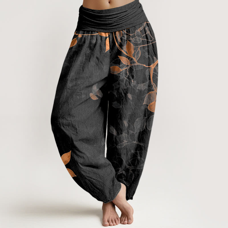 Buddha Stones Haremshose aus reiner Baumwolle mit zartfarbigem Blättermuster und elastischem Bund für Damen. - Schwarz - US16, UK/AU20, EU48 (3XL) - image 5