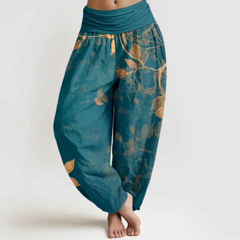 Buddha Stones Haremshose aus reiner Baumwolle mit zartfarbigem Blättermuster und elastischem Bund für Damen. - Türkis - US16, UK/AU20, EU48 (3XL) - image 8