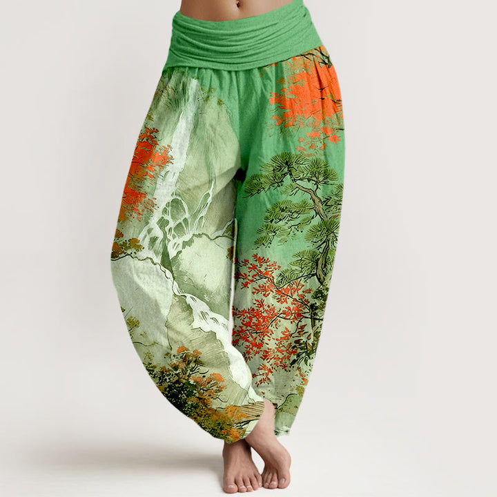 Buddha Stones Haremshose aus reiner Baumwolle mit farblich abgestimmtem Landschaftsbaummuster und elastischem Bund für Damen - Limettengrün - US16, UK/AU20, EU48 (3XL) - image 0