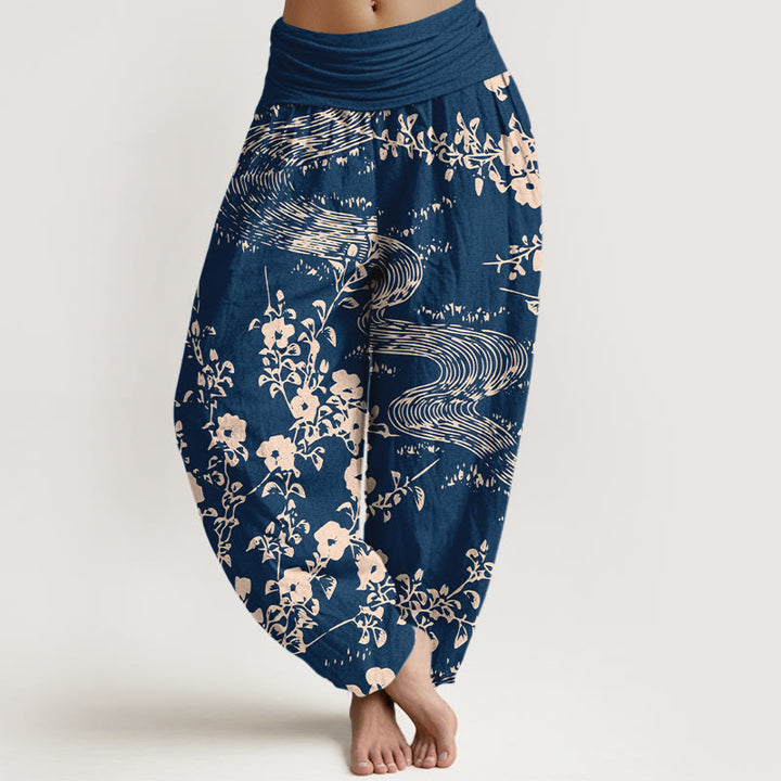 Buddha Stones Haremshose aus reiner Baumwolle mit schlichtem Blumenmuster und elastischem Bund für Damen - Dunkelblau - US16, UK/AU20, EU48 (3XL) - image 0