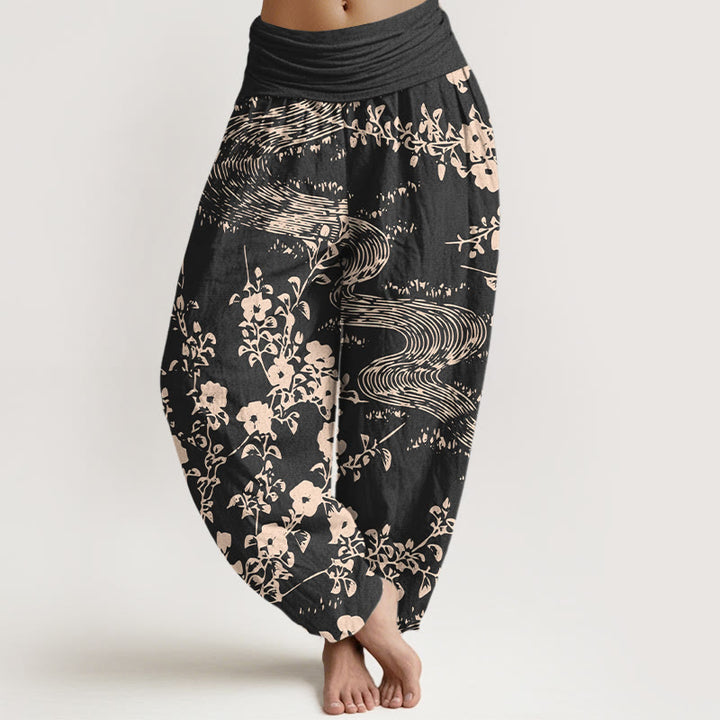 Buddha Stones Haremshose aus reiner Baumwolle mit schlichtem Blumenmuster und elastischem Bund für Damen - Schwarz - US16, UK/AU20, EU48 (3XL) - image 5