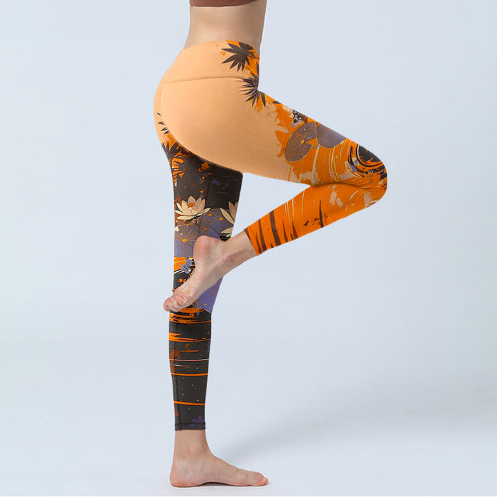 Leggings mit Buddha Stones, Lotusblumen, Blättern und Wasserwellenmuster – Damen-Yogahosen - image 4