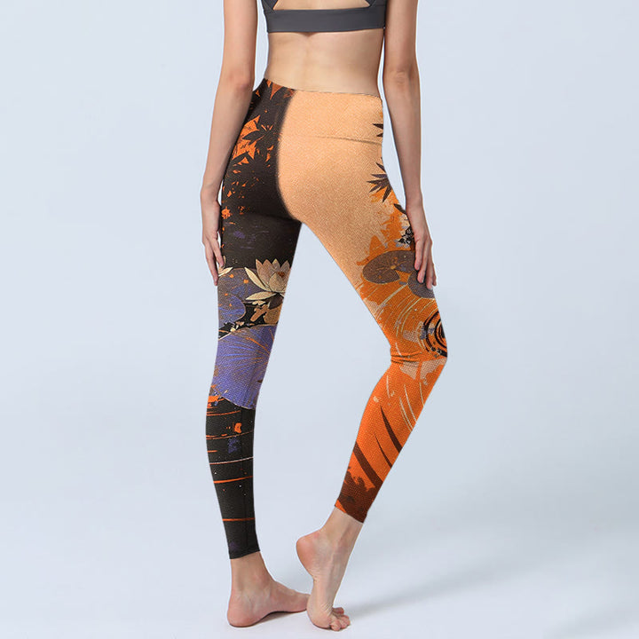 Leggings mit Buddha Stones, Lotusblumen, Blättern und Wasserwellenmuster – Damen-Yogahosen - image 3