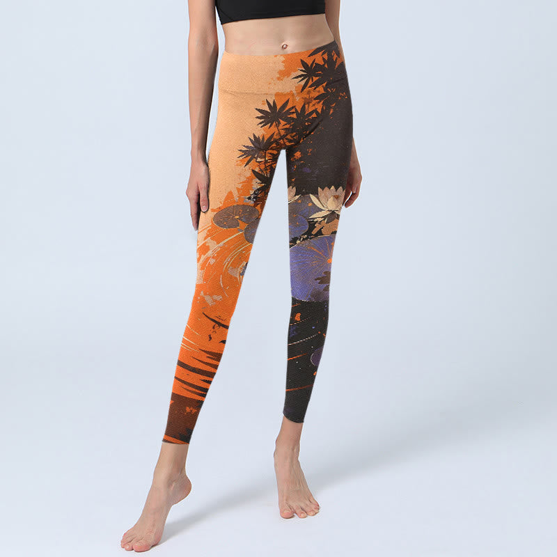 Leggings mit Buddha Stones, Lotusblumen, Blättern und Wasserwellenmuster – Damen-Yogahosen - image 5