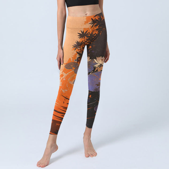 Leggings mit Buddha Stones, Lotusblumen, Blättern und Wasserwellenmuster – Damen-Yogahosen - image 5