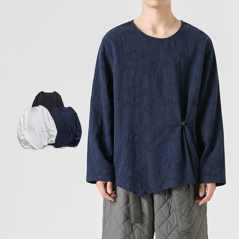Buddha Stones ​​Herren-T-Shirt mit chinesischen Froschknöpfen, schlichtem Design, Baumwolle, langärmlig, Zen-Kleidung - Marine - US/ UK/AU46, EU56 (5XL) - image 1
