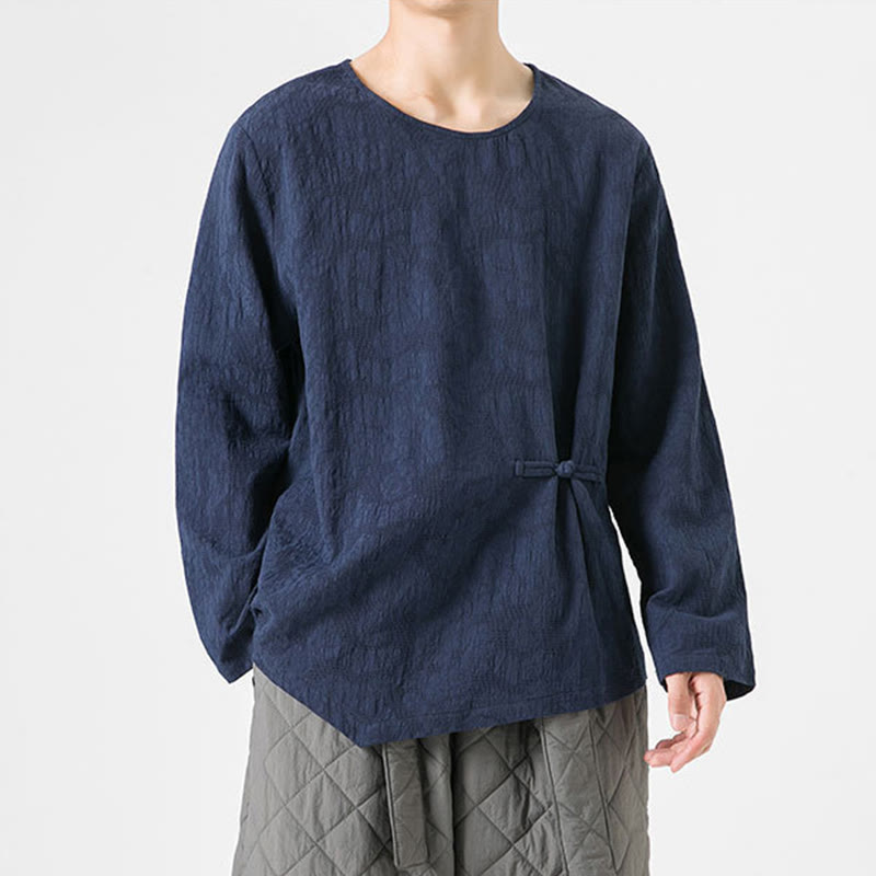 Buddha Stones ​​Herren-T-Shirt mit chinesischen Froschknöpfen, schlichtem Design, Baumwolle, langärmlig, Zen-Kleidung - image 5