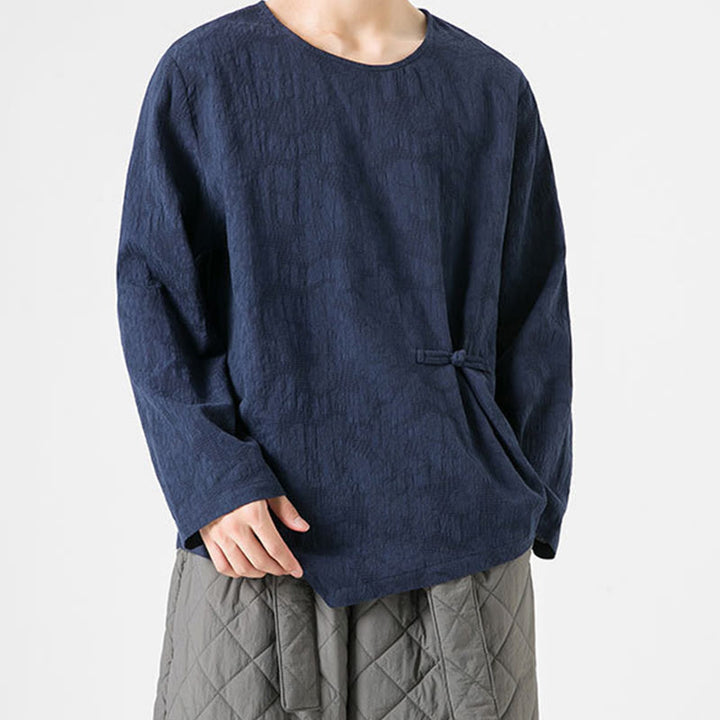 Buddha Stones ​​Herren-T-Shirt mit chinesischen Froschknöpfen, schlichtem Design, Baumwolle, langärmlig, Zen-Kleidung - image 0