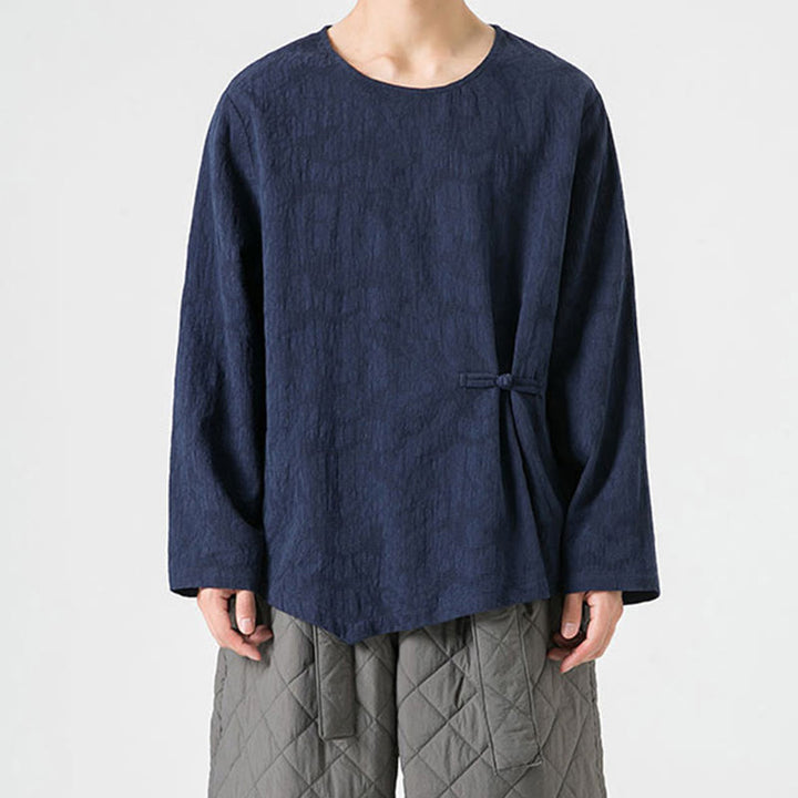Buddha Stones ​​Herren-T-Shirt mit chinesischen Froschknöpfen, schlichtem Design, Baumwolle, langärmlig, Zen-Kleidung - image 2
