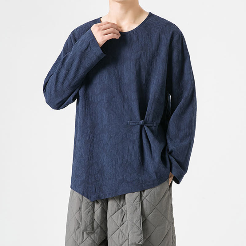 Buddha Stones ​​Herren-T-Shirt mit chinesischen Froschknöpfen, schlichtem Design, Baumwolle, langärmlig, Zen-Kleidung - image 6