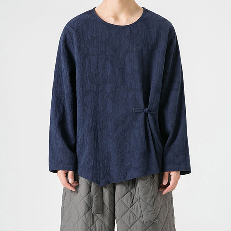 Buddha Stones ​​Herren-T-Shirt mit chinesischen Froschknöpfen, schlichtem Design, Baumwolle, langärmlig, Zen-Kleidung - image 2