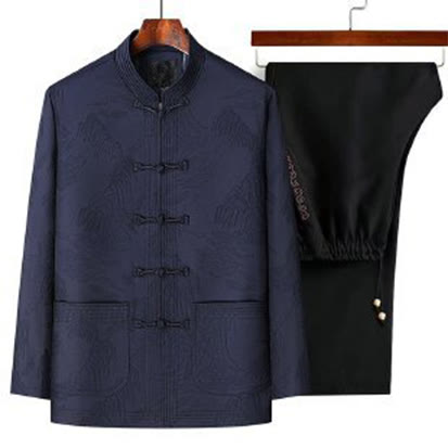 Buddha Stones 2-teiliges Pendler-Tang-Anzug-Set mit Froschknopfleiste, bestehend aus Herrenhemd, Hose und Langarmshirt aus Baumwolle - Mitternachtsblau - US/ UK/AU44, EU54 (4XL) - image 2