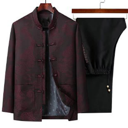 Buddha Stones 2-teiliges Pendler-Tang-Anzug-Set mit Froschknopfleiste, bestehend aus Herrenhemd, Hose und Langarmshirt aus Baumwolle - Dunkelrot - US/ UK/AU44, EU54 (4XL) - image 4