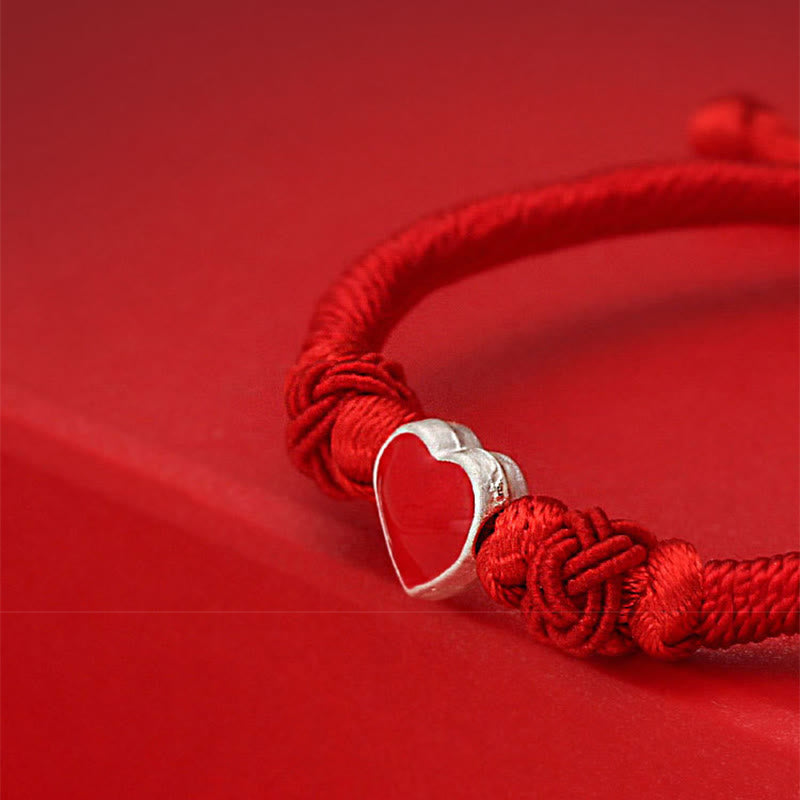 Buddha Stones ​​Armband aus 999er Sterlingsilber mit 3D-Herzdesign und roter Schnur - image 5