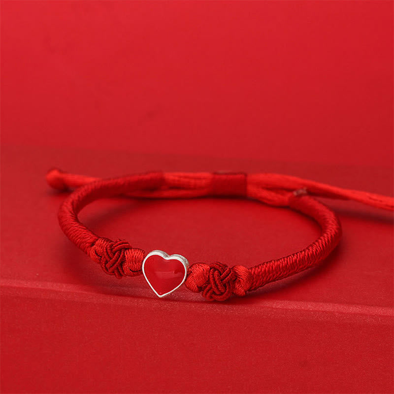 Buddha Stones ​​Armband aus 999er Sterlingsilber mit 3D-Herzdesign und roter Schnur - Rotes Band (Handgelenkumfang: 19-20 cm) - image 0