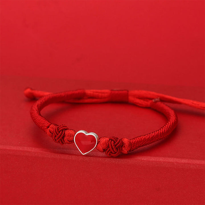 Buddha Stones ​​Armband aus 999er Sterlingsilber mit 3D-Herzdesign und roter Schnur - Rotes Band (Handgelenkumfang: 19-20 cm) - image 0