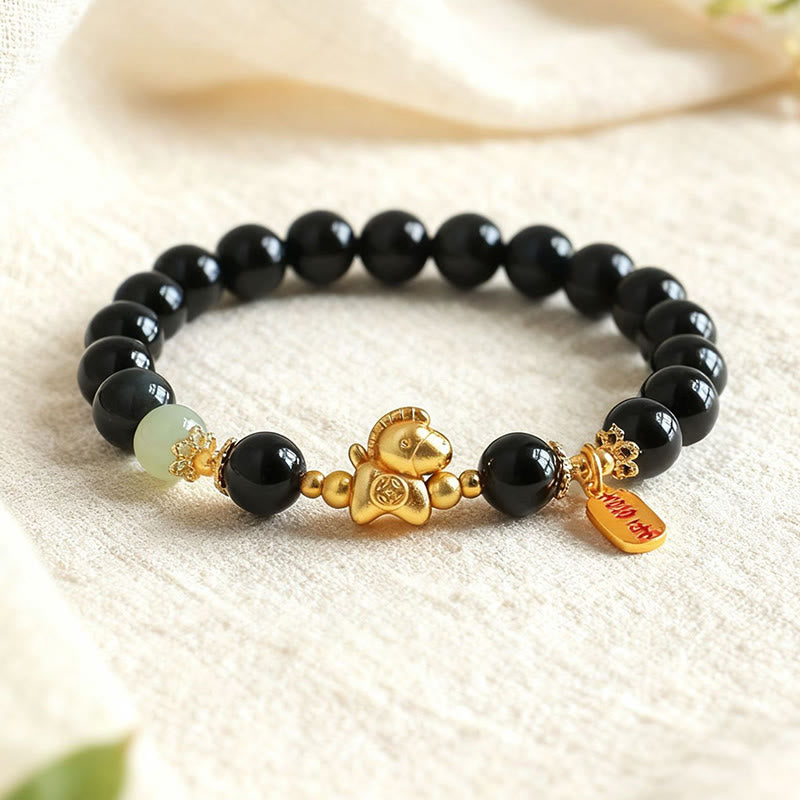 Buddha Stones ​​Jahr des Pferdes Hetian-Jade Schwarzer Obsidian Roter Achat Stärke-Armband - Schwarzer Obsidian (Handgelenkumfang: 14-15 cm) - image 0