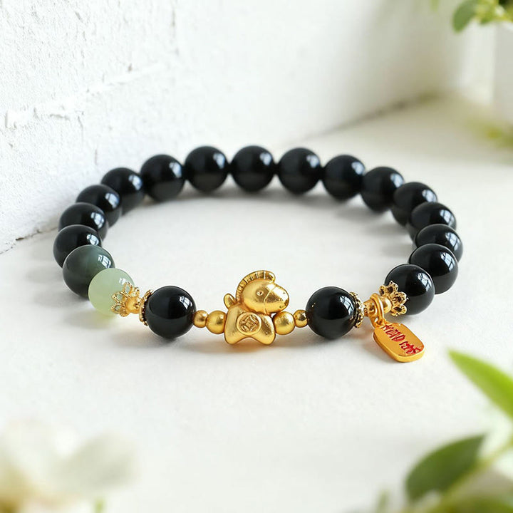 Buddha Stones ​​Jahr des Pferdes Hetian-Jade Schwarzer Obsidian Roter Achat Stärke-Armband - image 2
