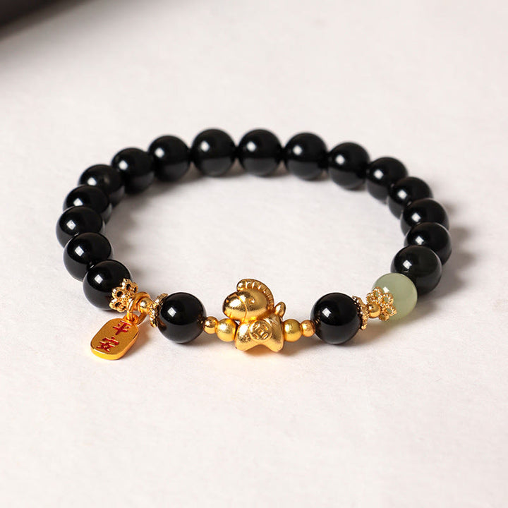 Buddha Stones ​​Jahr des Pferdes Hetian-Jade Schwarzer Obsidian Roter Achat Stärke-Armband - image 3