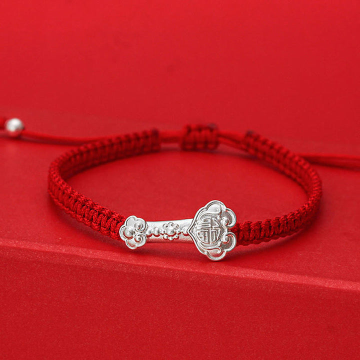 Buddha Stones, 999 Sterling Silber, Ruyi Fu-Symbol, Glückssymbol, rote Schnurverbindung, geflochtenes Armband - Rotes Band (Handgelenkumfang: 19-20 cm) - image 0