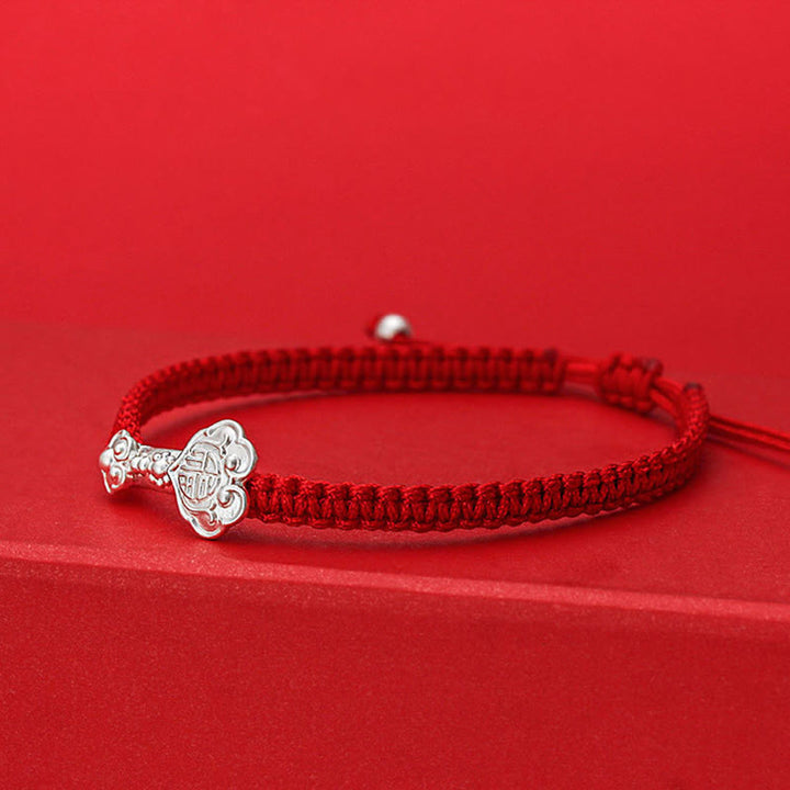 Buddha Stones, 999 Sterling Silber, Ruyi Fu-Symbol, Glückssymbol, rote Schnurverbindung, geflochtenes Armband - image 1