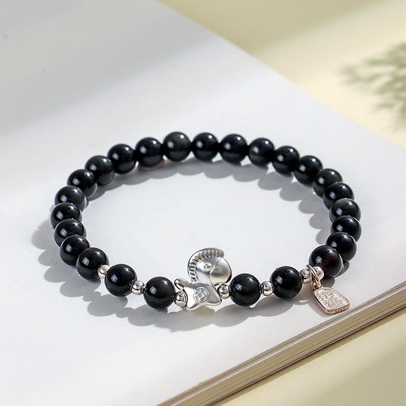 Buddha Stones ​​Jahr des Pferdes Schwarzes Obsidian Rotes Achat Rosa Kristall Silber Erfüllung Armband - image 1