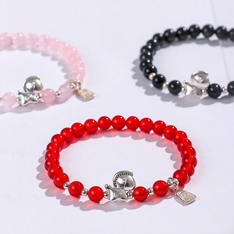 Buddha Stones ​​Jahr des Pferdes Schwarzes Obsidian Rotes Achat Rosa Kristall Silber Erfüllung Armband - image 13