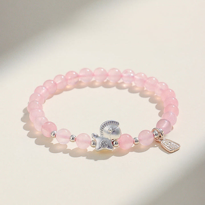 Buddha Stones ​​Jahr des Pferdes Schwarzes Obsidian Rotes Achat Rosa Kristall Silber Erfüllung Armband - Rosa Kristall (Handgelenkumfang: 14-15 cm) - image 9