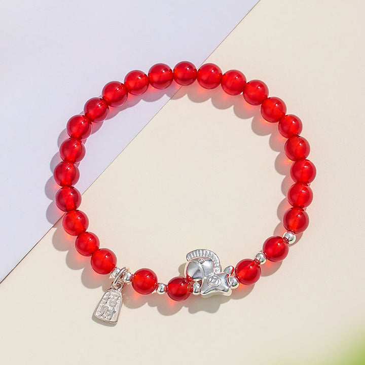 Buddha Stones ​​Jahr des Pferdes Schwarzes Obsidian Rotes Achat Rosa Kristall Silber Erfüllung Armband - image 5