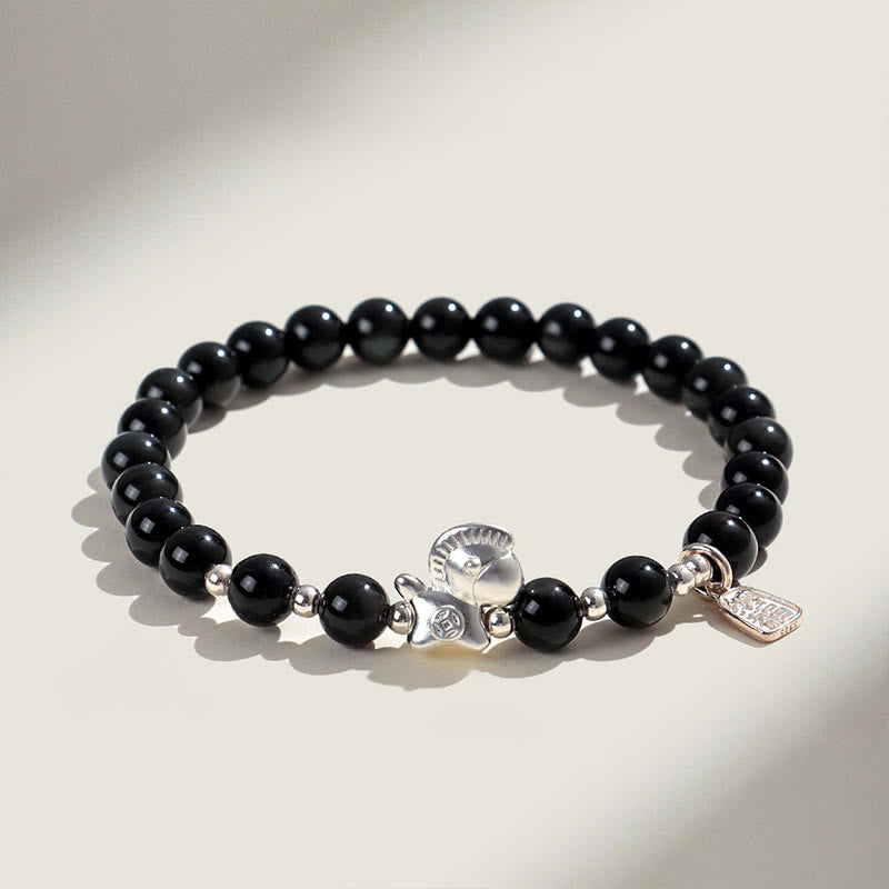 Buddha Stones ​​Jahr des Pferdes Schwarzes Obsidian Rotes Achat Rosa Kristall Silber Erfüllung Armband - Schwarzer Obsidian (Handgelenkumfang: 14-15 cm) - image 0