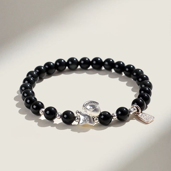 Buddha Stones ​​Jahr des Pferdes Schwarzes Obsidian Rotes Achat Rosa Kristall Silber Erfüllung Armband - Schwarzer Obsidian (Handgelenkumfang: 14-15 cm) - image 0