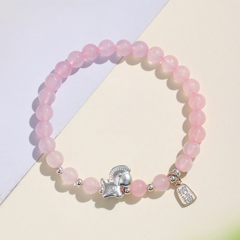 Buddha Stones ​​Jahr des Pferdes Schwarzes Obsidian Rotes Achat Rosa Kristall Silber Erfüllung Armband - image 10