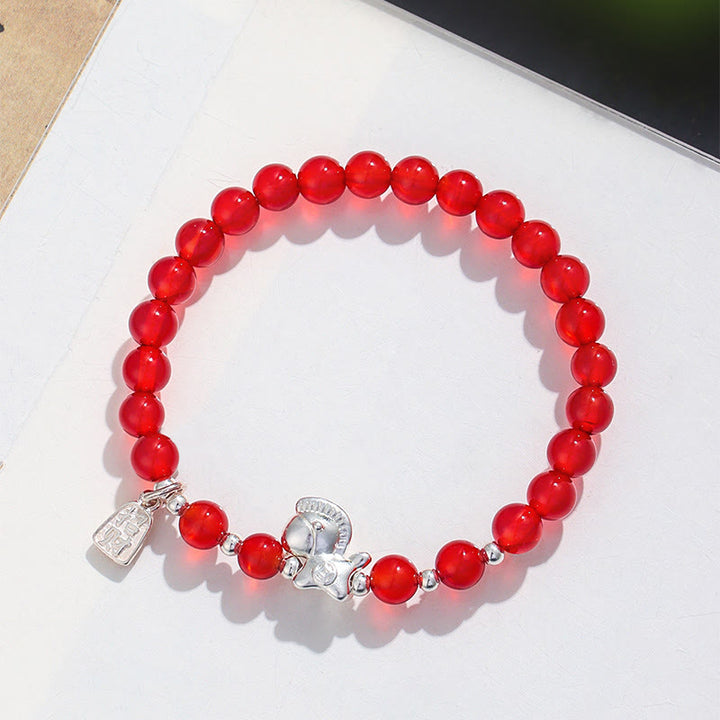 Buddha Stones ​​Jahr des Pferdes Schwarzes Obsidian Rotes Achat Rosa Kristall Silber Erfüllung Armband - image 6