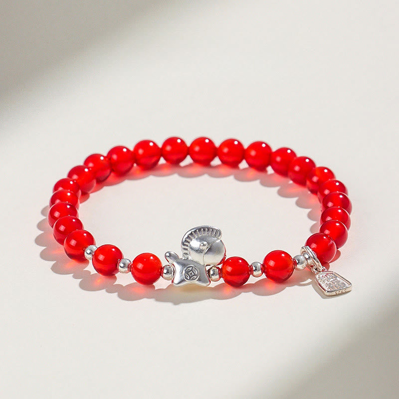 Buddha Stones ​​Jahr des Pferdes Schwarzes Obsidian Rotes Achat Rosa Kristall Silber Erfüllung Armband - Roter Achat (Handgelenkumfang: 14-15 cm) - image 3