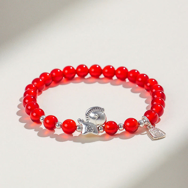 Buddha Stones ​​Jahr des Pferdes Schwarzes Obsidian Rotes Achat Rosa Kristall Silber Erfüllung Armband - Roter Achat (Handgelenkumfang: 14-15 cm) - image 3