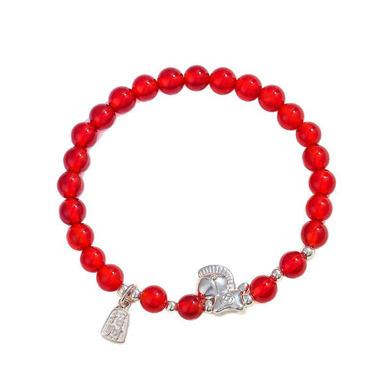 Buddha Stones ​​Jahr des Pferdes Schwarzes Obsidian Rotes Achat Rosa Kristall Silber Erfüllung Armband - image 7