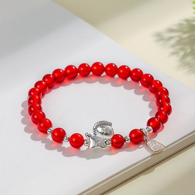 Buddha Stones ​​Jahr des Pferdes Schwarzes Obsidian Rotes Achat Rosa Kristall Silber Erfüllung Armband - image 4
