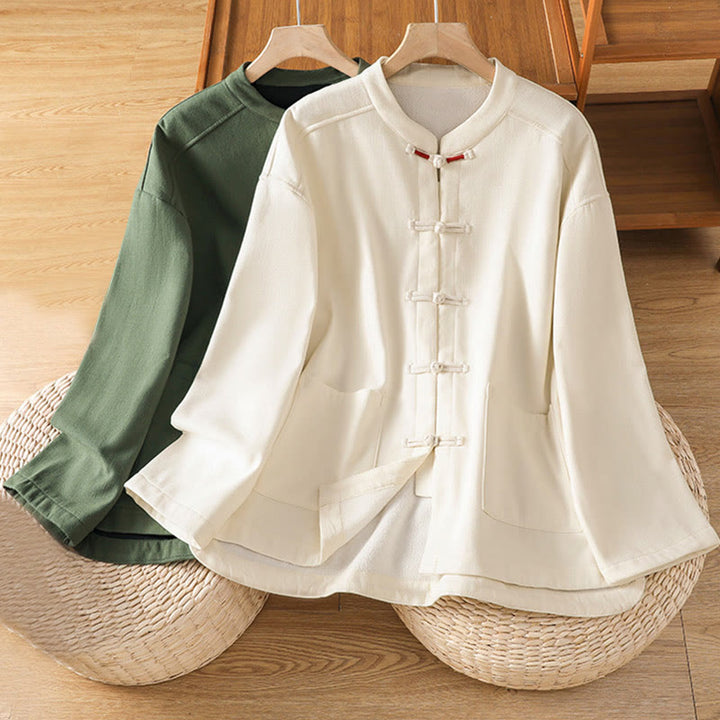 Buddha Stones Winter Damen-Thermojacke mit Froschknopfleiste, langen Ärmeln, Baumwollfleece-Futter und Taschen - image 0