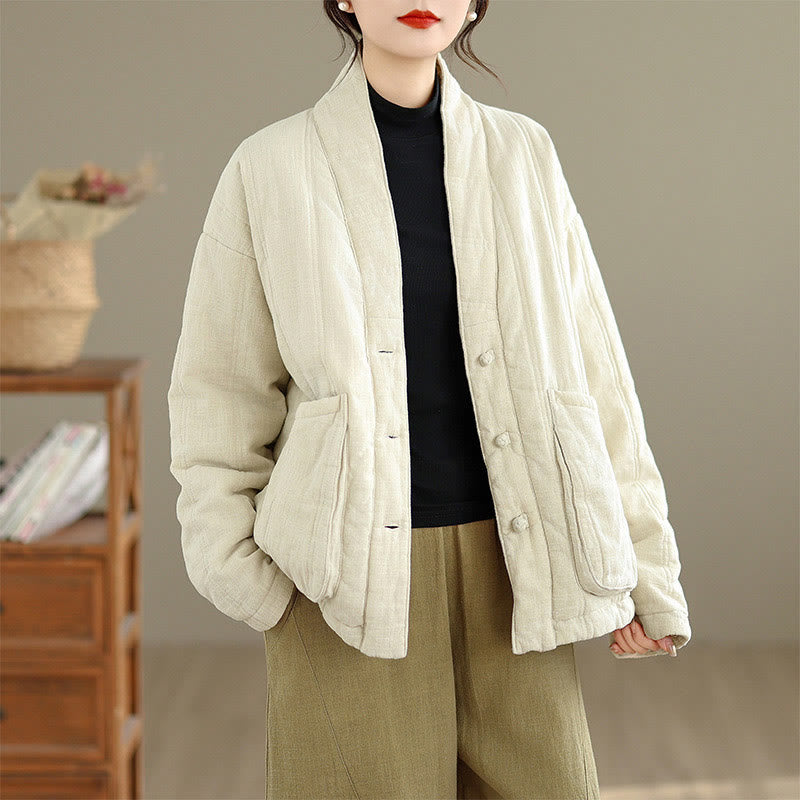 Buddha Stones Winter Solid Langarm-Thermojacke aus Baumwolle für Damen mit Taschen - image 4